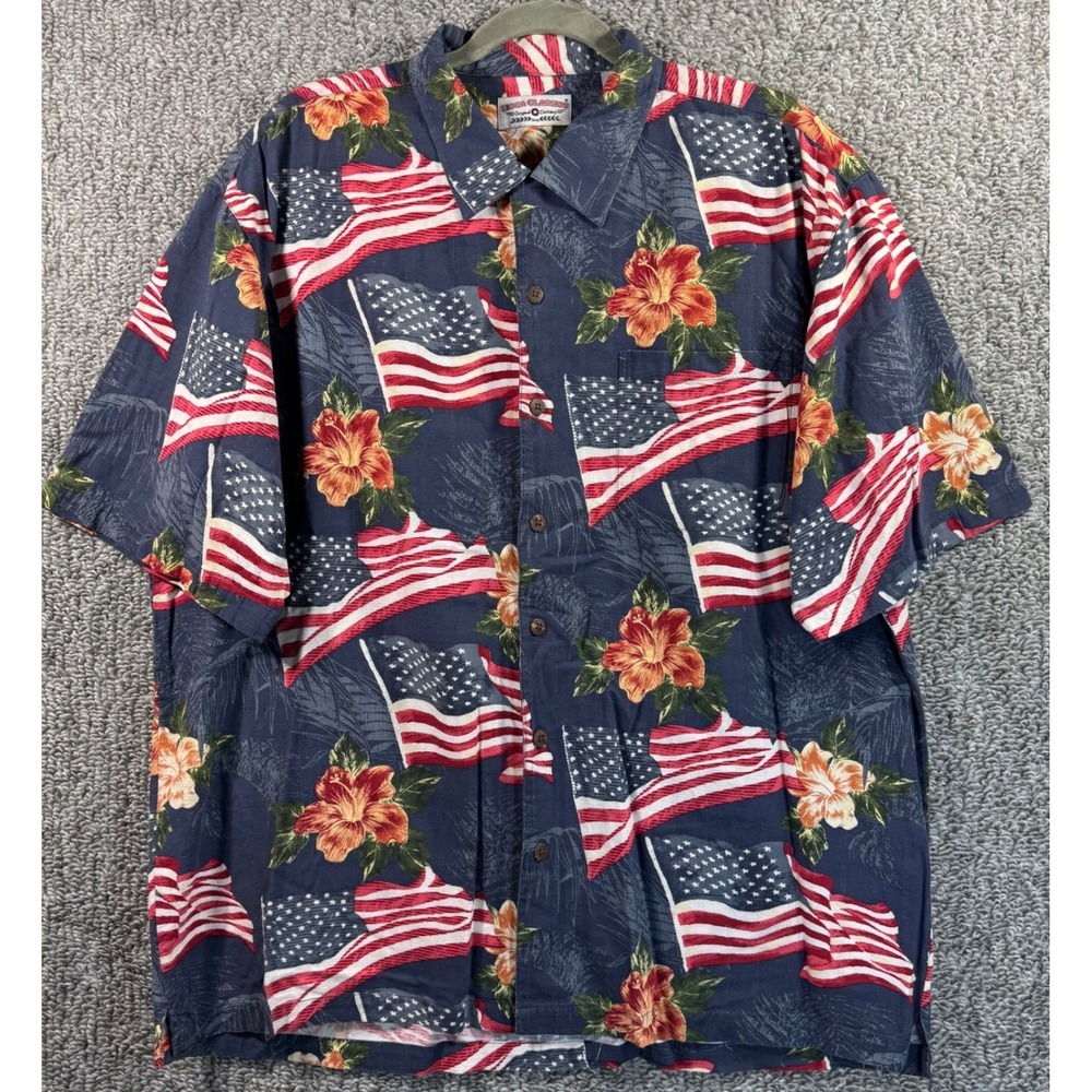 Boca Classics Button Up Shirt Navy American Flag Hibiscus Mens XLT